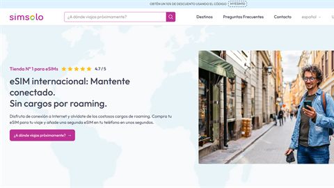 Página de inicio de la tienda de eSIM internacional Simsolo