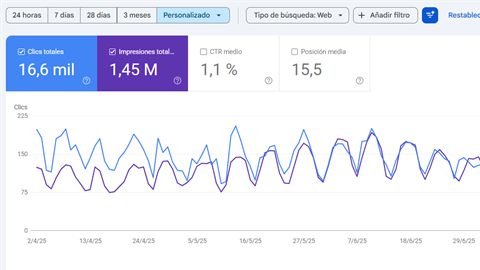Search Console: 16,6 mil clics y 1,45 millones de impresiones en el periodo analizado